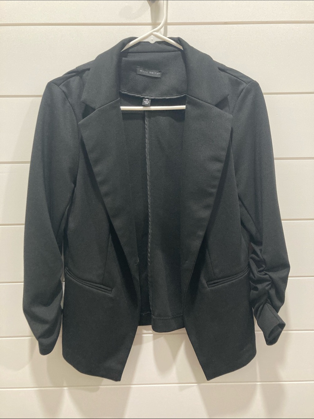 Willi Smith Open-Front Black Blazer with Ruched 3/4 Sleeves-Women's Size Medium